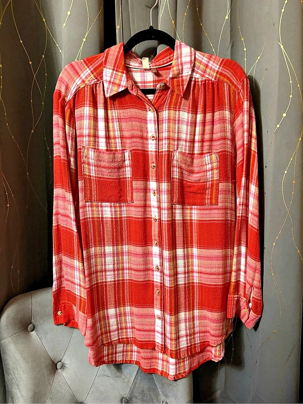 PILCRO Hadley Relaxed Plaid Buttondown Shirt Red & Pink Medium